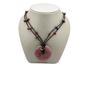 Rhodochrosite Necklace Purple Natural Stone Donut Pendant Black Beaded Chain